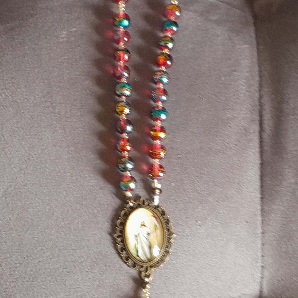 Elegant Red and Blue Glass Beads Jesus Bronze All Beaded Rosary